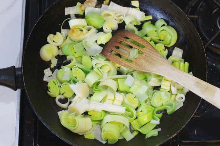 sauteeing the leeks