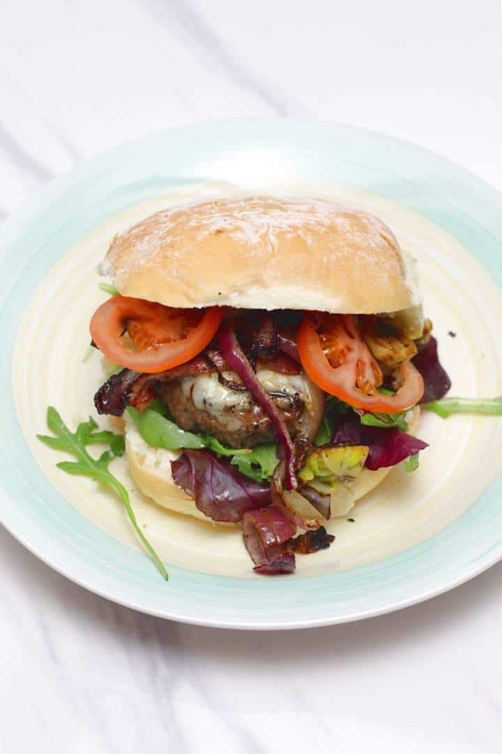 Homemade cheeseburger with Brussels sprouts