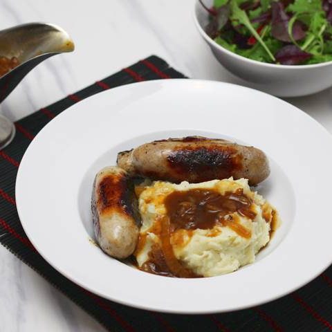 Bangers and Mash with onion gravy