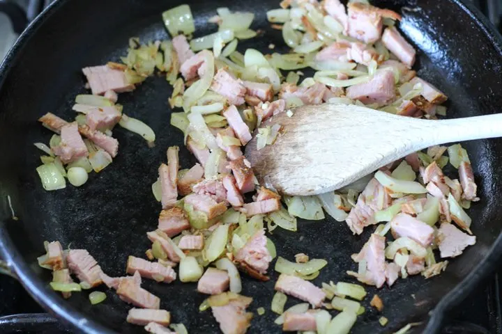 frying ham and onions