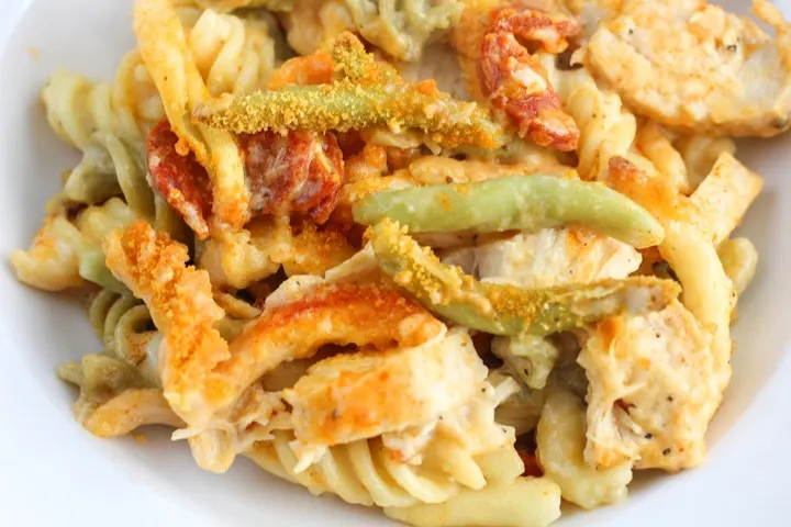 creamy chicken and chorizo pasta bake