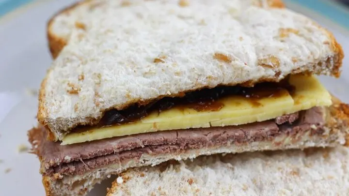 roast beef cheddar and pickle sandwich