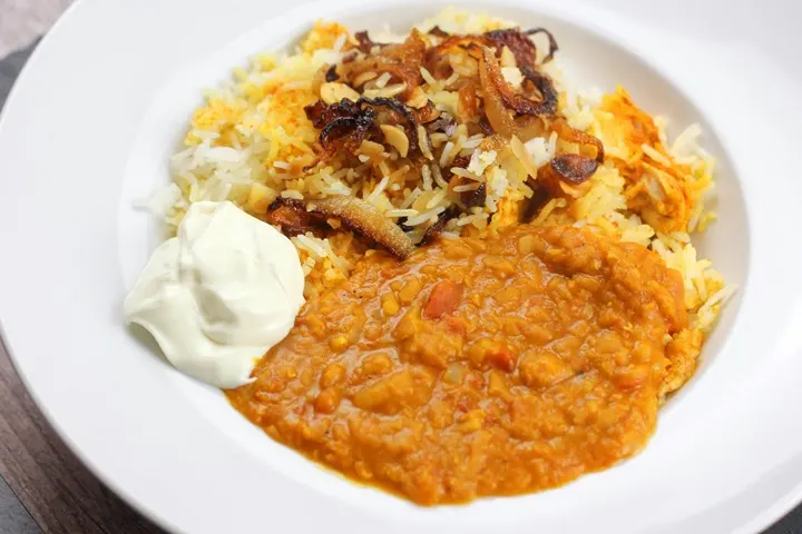 red lentil dahl with biryani