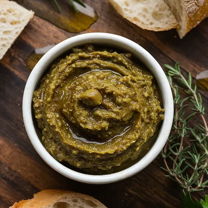 Bowl of fresh green pesto with rustic bread slices and herbs on a wooden table.