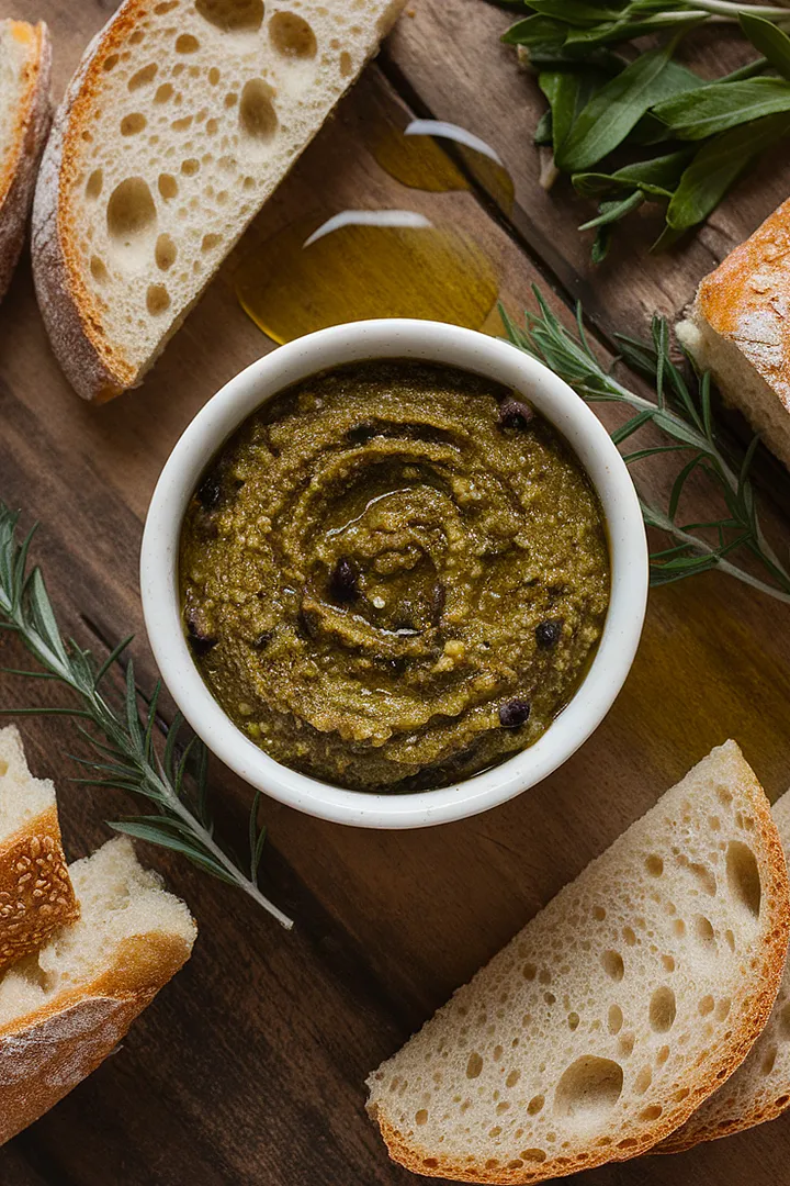 Bowl of green olive tapenade with bread slices and herbs on a wooden board.
