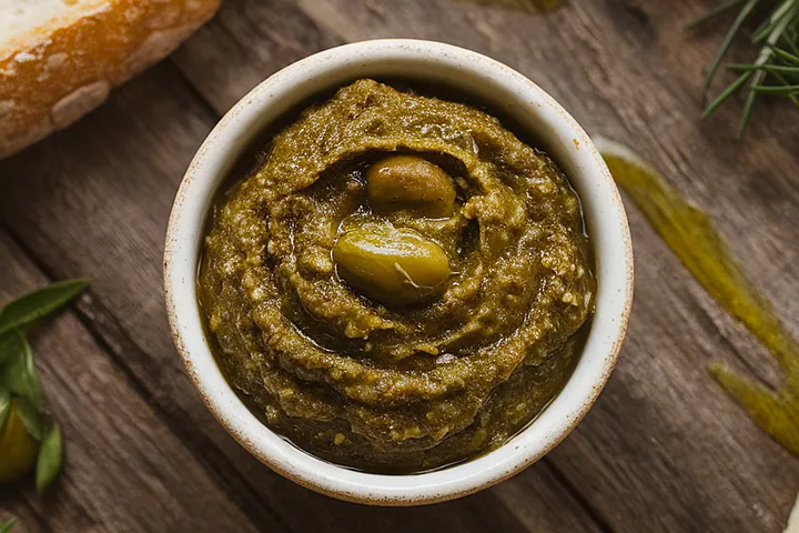Green olive tapenade in a white bowl on wooden table with herbs and bread.