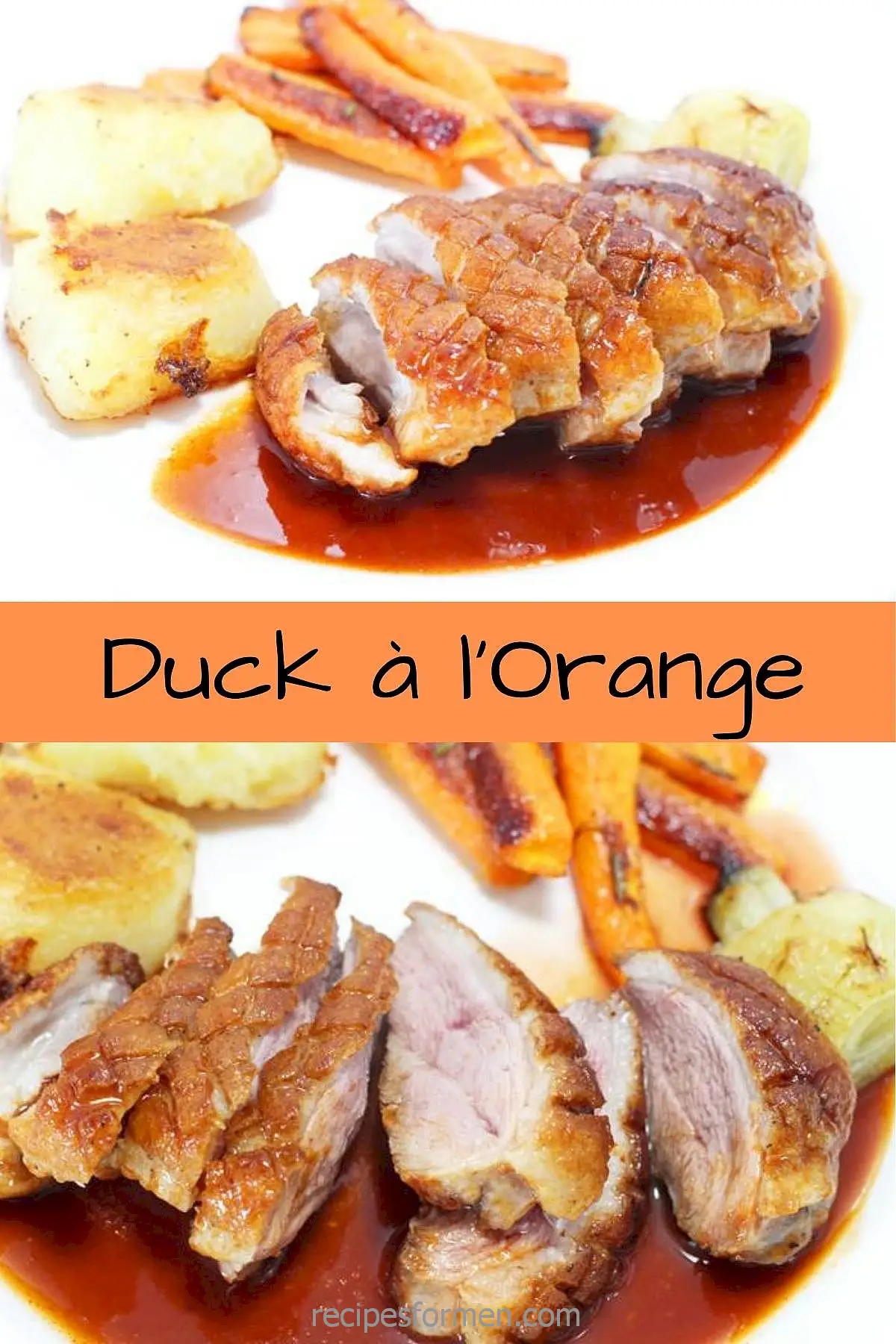 Plated Duck à l'Orange with roasted vegetables and sauce, presented on a white dish.