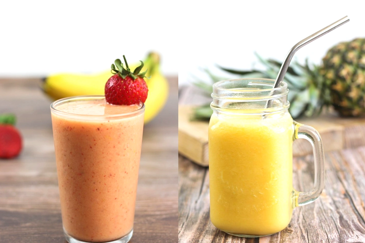 Strawberry banana smoothie and pineapple smoothie in glass jars on a wooden table.