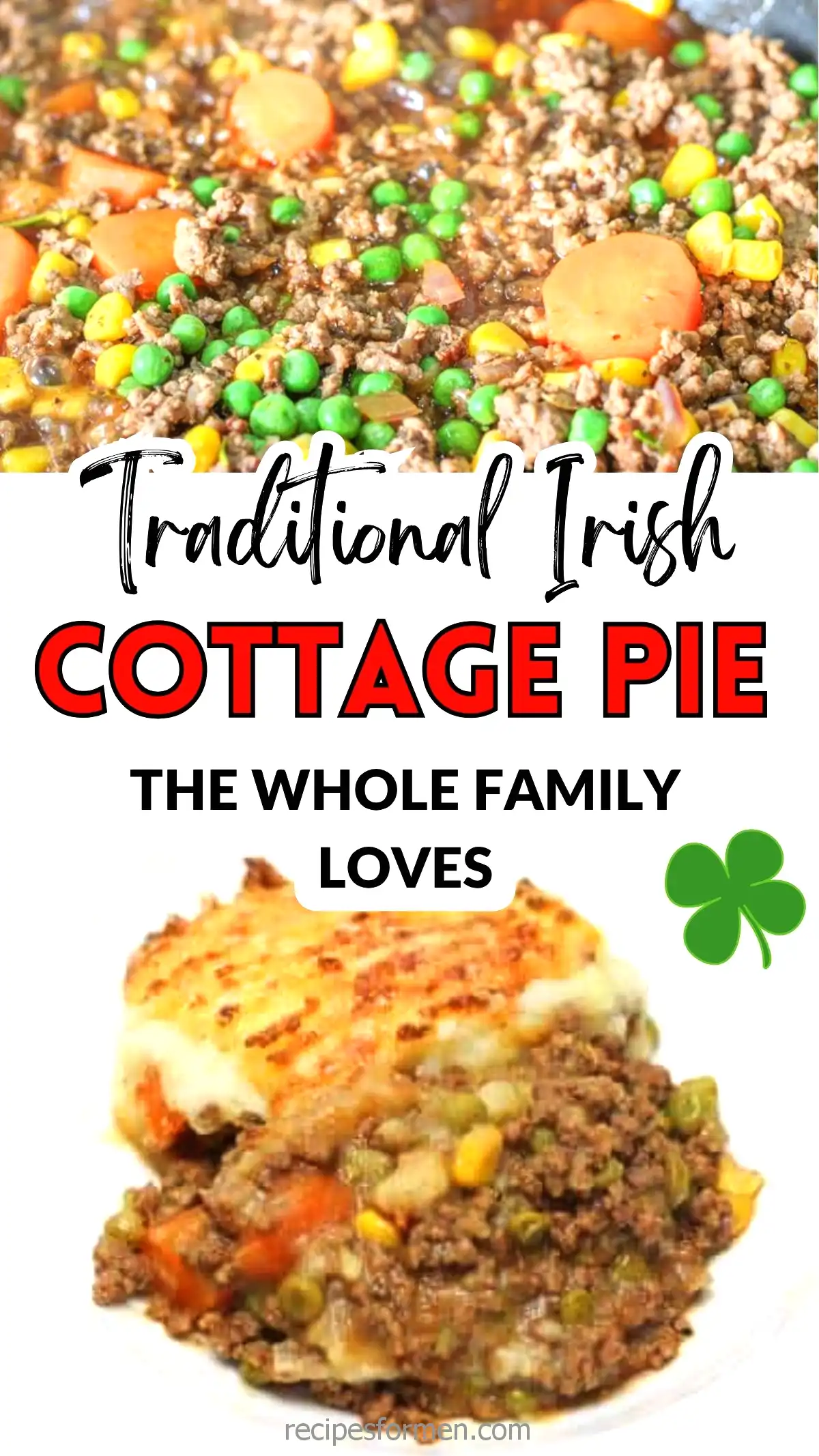 Traditional Irish Cottage Pie with vegetables and mashed potatoes, perfect family meal.