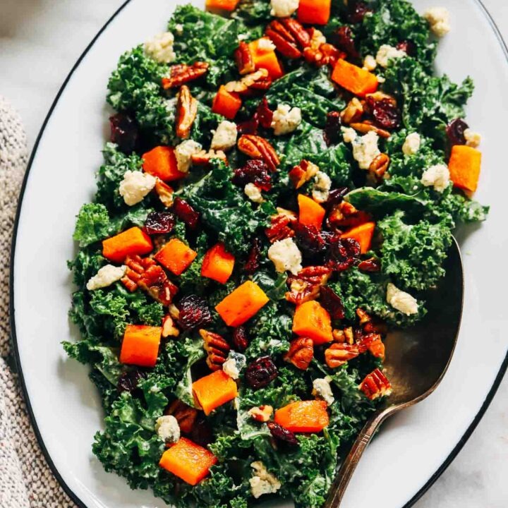 Colorful kale salad with roasted squash, pecans, cranberries, and cheese on a white plate, perfect for a healthy meal.